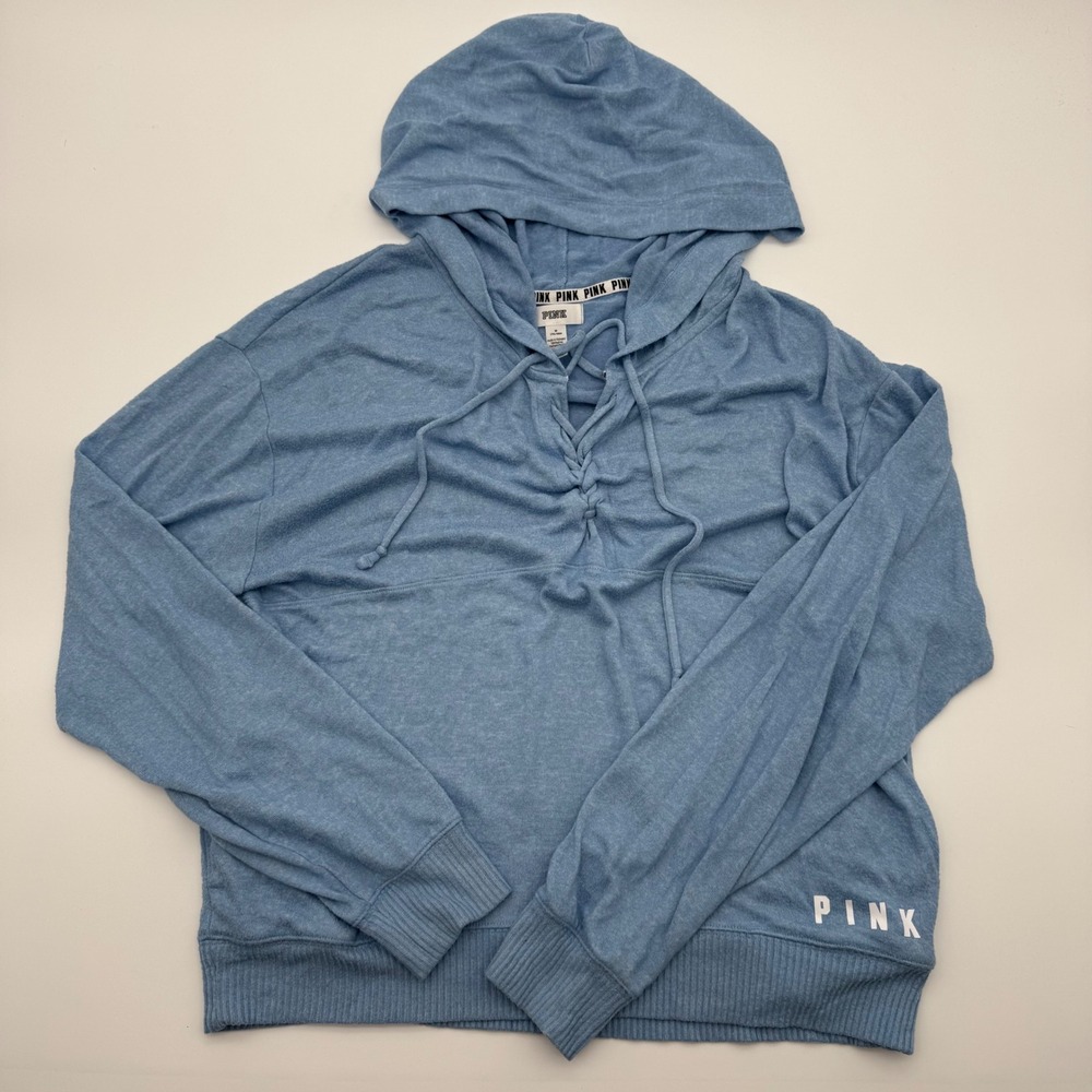 Pink Victoria's‎ Secret Lace Up Hoodie Blue Heathered Pullover Sweatshirt Medium